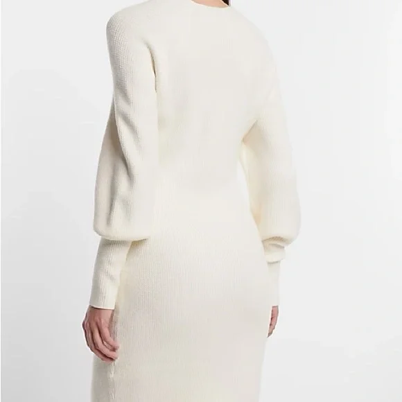 EXPRESS SWEATER DRESS BALLOON  SLEEVES BUTTON DETAIL WINTER WHITE NWT SZ MED - Picture 5 of 6